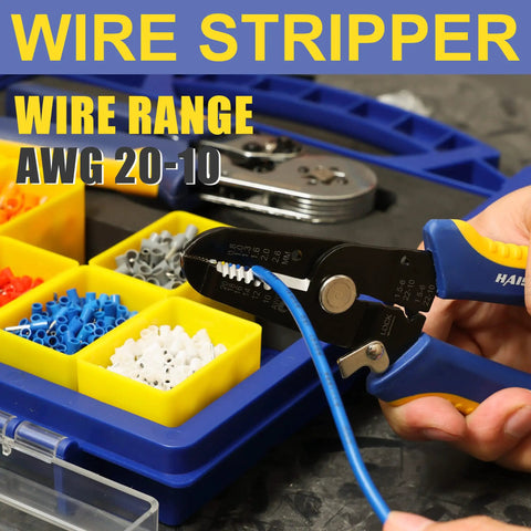 Hand holding wire stripper from 8 Piece Ratchet Crimping Tool Set For Heat Shrink Insulated Nylon Non Insulated Ferrule Wire Ends