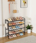 Four Tier Metal Shoe Rack Organizer, 33 Inch Wide With Four Side Hooks, Heavy Duty Shoes Shelf For Closet Front Door Garage Or Dorm