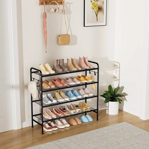 Four Tier Metal Shoe Rack Organizer, 33 Inch Wide With Four Side Hooks, Heavy Duty Shoes Shelf For Closet Front Door Garage Or Dorm