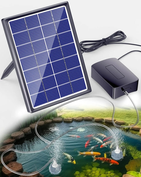 Solar Pond Aerator With 2200mAh Battery Backup, 3 Mode Solar Air Pump For Pond, showing panel and pump over koi pond.