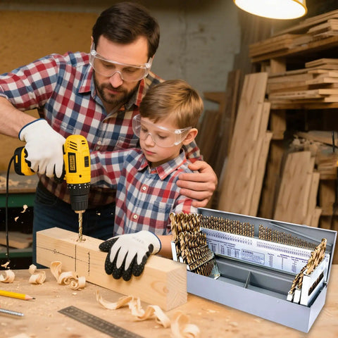 Father and son using Beast M35 Drill Bit Set For Hardened Metals And Woodworking 115 Pieces with metal index box in workshop.