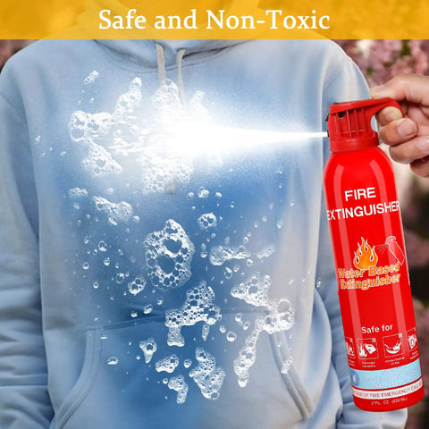 8 In 1 Portable Water Based Fire Extinguisher spraying on a hoodie, demonstrating effectiveness and non-toxic properties.