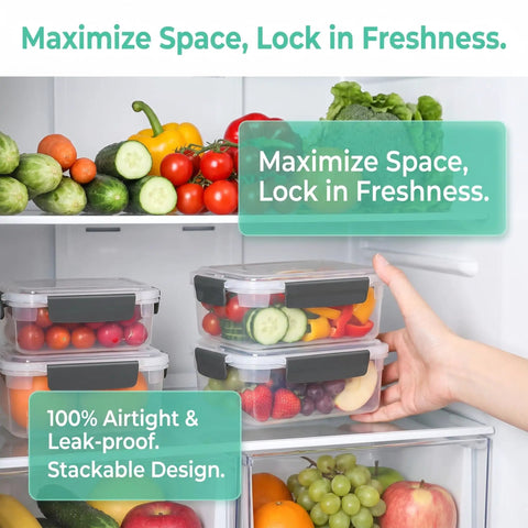 Hand placing BPA-free five cup plastic food storage containers with lids in fridge, stackable, nestable for freezer use.