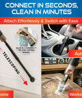 Cordless Handheld Vacuum With 3-Foot Telescoping Wand 2-In-1 Blower cleaning car cup holder, home baseboard, and workshop table