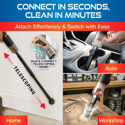 Cordless Handheld Vacuum With 3-Foot Telescoping Wand 2-In-1 Blower cleaning car cup holder, home baseboard, and workshop table