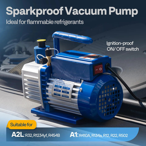 VIVOHOME HVAC vacuum pump with oil bottle, blue, side view