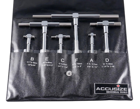 Accusize Industrial Tools 6-piece telescoping gage set, 5/16 to 6 in, chrome-plated steel in a black vinyl roll.