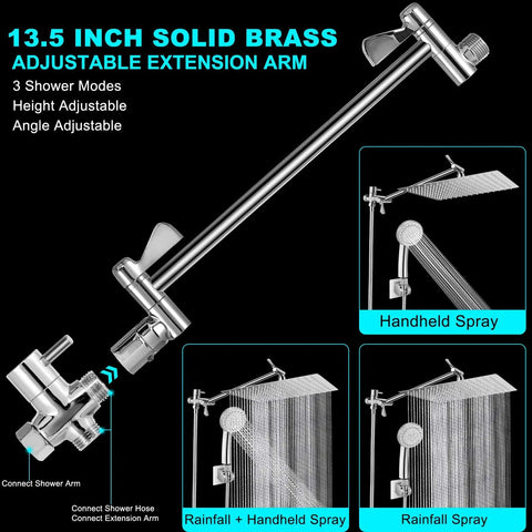 Dope 12 Inch Rain Shower Head With Handheld Spray Dual Square Rainfall Set extension arm with 3 shower modes shown.