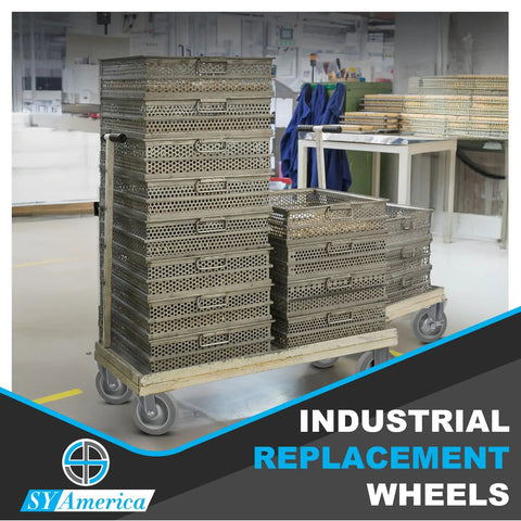 Heavy Duty 5 Inch Tpr Caster Wheels 100 Pack Quiet Non Marking Replacement Casters For Cart Dolly Workbench Zero Drag Hella Smooth Roll Industrial Utility Gear on a cart with metal storage baskets.