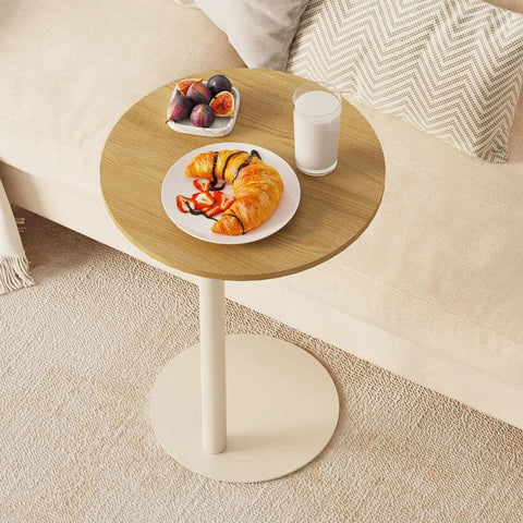 C Shaped Round End Table With Metal Legs For Couch, Snack Sofa Tray Or Laptop Desk next to a sofa with food and drink