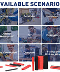 Image showing usage scenarios of 4:1 Heat Shrink Tubing Kit With Seven Sizes From 3/32 To 3/4 Inch, Total 54 Feet, Adhesive Lined Marine Grade Shrink Wrap, Easy DIY Wire Harness Fix For Home And Industrial, Black, including machine room, generator, household, outdoor waterproof, DIY, emergency, wire connecting, computer, and fixing broken wires situations, with red and black tubing samples at the bottom.