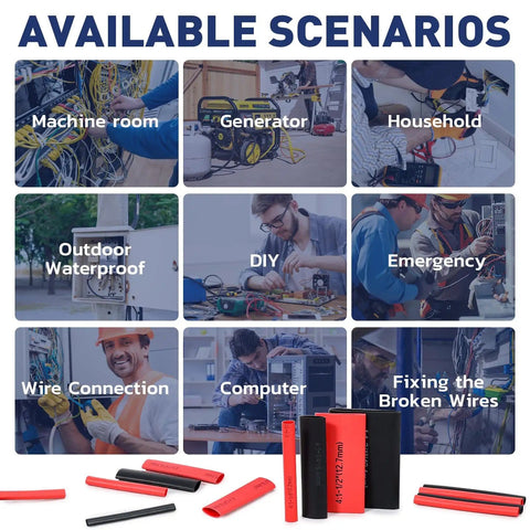 Image illustrating uses for Four To One Shrink Ratio Heat Shrink Tubing Kit With Seven Sizes, 600 Pcs; scenarios include wiring and repair.