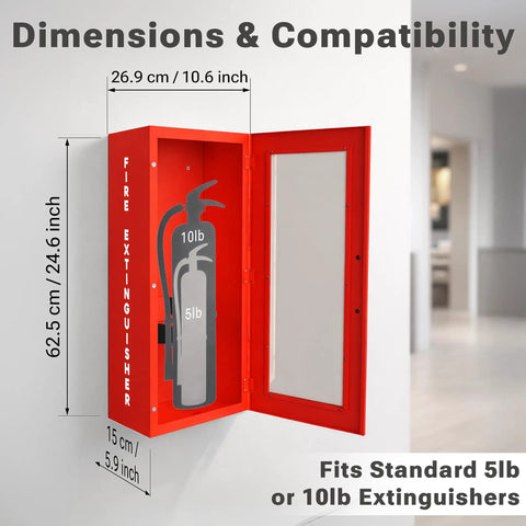 Red Steel Fire Extinguisher Cabinet With Quick Access Magnetic Door Wall Mount Kit Includes 3D Sign Tags Seals Turnkey Ready Fits 5 and 10 Pound Extinguishers 24.6 Inches High 10.6 Inches Wide 5.9 Inches Deep installed view