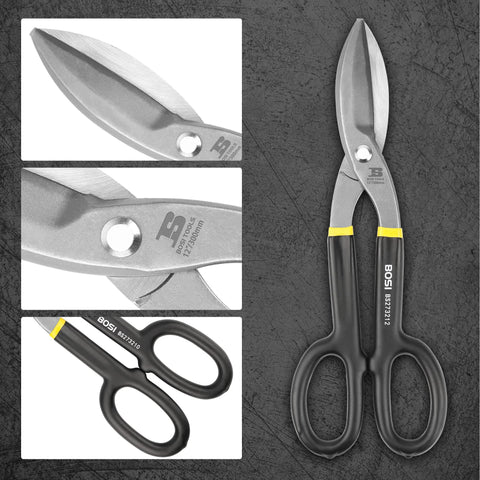 Front view of BOSI TOOLS tin snips, 12-inch flat blade, carbon steel blade, rubber-dipped handles.