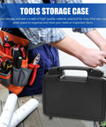 Hardcore Plastic Toolbox With Smooth Detachable Tray Tool Organizer Packs All Your Metal Fasteners And Construction Parts Away Neatly Strong Grip Hauls It To Any Job Site shown on a workbench.