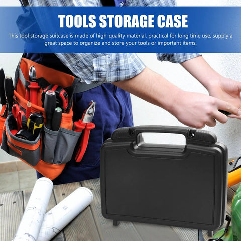 Rock Solid Portable Plastic Toolbox Organizer With Reinforced Carrying Handle Built For Weekend Warriors And Licensed Electricians Provides Hella Convenient Organization Inside An Unbreakable Hard Storage Case on a workspace with tools.