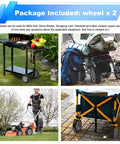 Package contents include 6 Inch Beefy Heavy Duty Rubber Wheel Set Two Pack With Half Inch Bore and 1.5 Inch Wide, 100 Pound Capacity Per Wheel, Fits Oregon 72 106 72 108 Craftsman AYP MTD Radio Flyer Wagons Gray with images of carts and lawn mower usage.