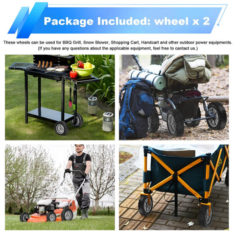 Package contents include 6 Inch Beefy Heavy Duty Rubber Wheel Set Two Pack With Half Inch Bore and 1.5 Inch Wide, 100 Pound Capacity Per Wheel, Fits Oregon 72 106 72 108 Craftsman AYP MTD Radio Flyer Wagons Gray with images of carts and lawn mower usage.