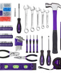 152 Piece Basic Household Hand Tool Set With Toolbox Storage Case All Purpose Home Tool Kit Includes Essential Tools For Office And College Repairs Purple, showing various tools including hammer, wrenches, and screwdrivers