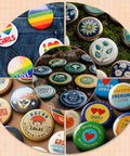 Colorful badges made with Clear Badge Film For Button Making 400 Pcs Protective PVC Shield For 58mm 2.25 Inch And 70mm 2.76 Inch Badges