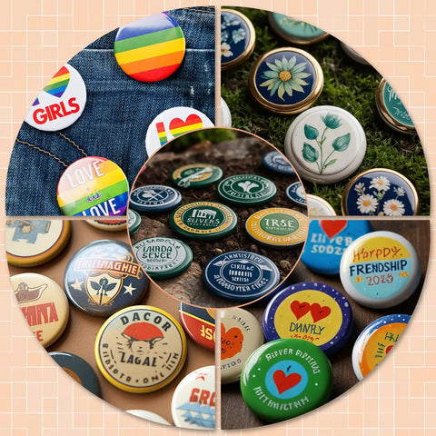 Colorful badges made with Clear Badge Film For Button Making 400 Pcs Protective PVC Shield For 58mm 2.25 Inch And 70mm 2.76 Inch Badges