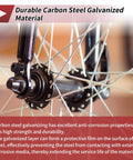 Close-up of 14G J Bend Bicycle Spokes 294mm Length With Nipples for MTB wheels on a bike hub.