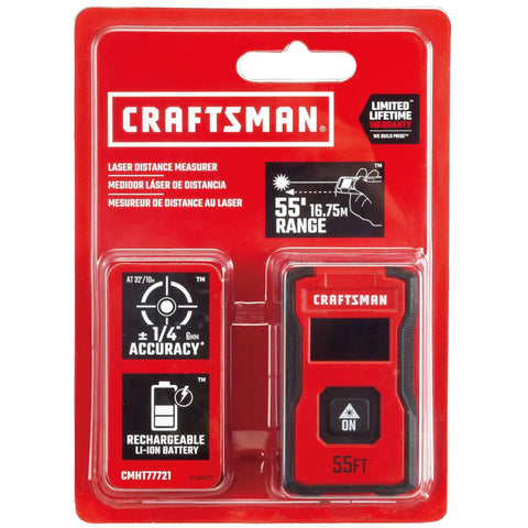 Handy Pocket Laser Distance Measurer With 55 Ft Range, Rechargeable Li Ion Battery, USB Charging, One Button Operation, And Backlit LCD Display For Quick, Easy Measurements On The Go., red CRAFTSMAN laser distance measurer in blister pack with 55 ft range and rechargeable battery