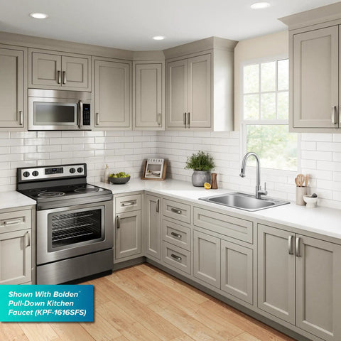 Modern kitchen with 25 Inch Top Mount Single Bowl 18 Gauge Stainless Steel Kitchen Sink With Noise Defend Soundproofing And Dent Resistant Build Built To Take Daily Use For A Quieter Hardworking Kitchen.