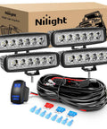 Beefy 4 Pack 18W Six Inch Flood LED Pods Waterproof Off Road Fog Light Bar With 16AWG Wiring Harness Kit For Boat SUV ATV 4WD Car Truck Golf Cart 12V 24V Four Leads, with wiring harness and fuses