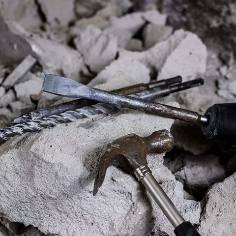 Hammer, masonry chisel and spiral drill bit on concrete rubble