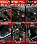 Hassle Free Wheel Scratch And Curb Rash Repair Kit Matte Black Rim Paint Pen showing before and after images of scratched rims.