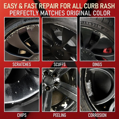 Hassle Free Wheel Scratch And Curb Rash Repair Kit Matte Black Rim Paint Pen showing before and after images of scratched rims.