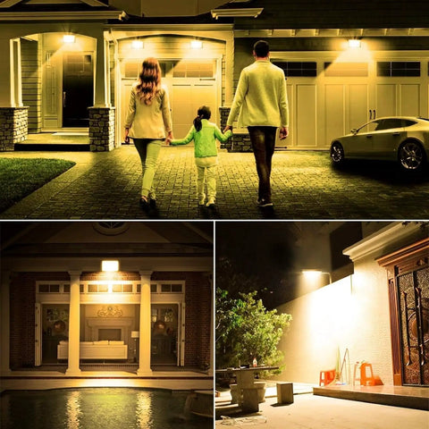 Family walking in illuminated outdoor area with JUDYSSY Led Flood Lights Outdoor 30W, Ip67 Waterproof Garden Security Lights.
