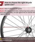 Diagram showing how to measure bicycle spoke size with a ruler on wheel rim for accurate fitment.