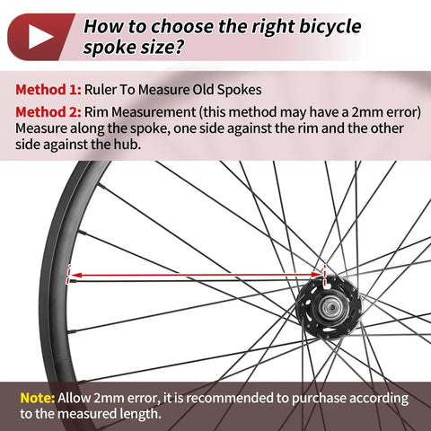 Diagram showing how to measure bicycle spoke size with a ruler on wheel rim for accurate fitment.