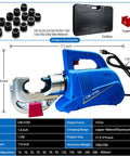Heavy Hitter 15 Ton Electric Hydraulic Cable Lug Crimping Tool with 13 dies and specifications, showcasing its blue design and features.