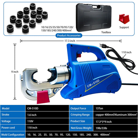Heavy Hitter 15 Ton Electric Hydraulic Cable Lug Crimping Tool with 13 dies and specifications, showcasing its blue design and features.