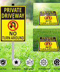 Front view: two-pack No Turn Around private driveway signs, 14x10 inch yellow aluminum with long stakes