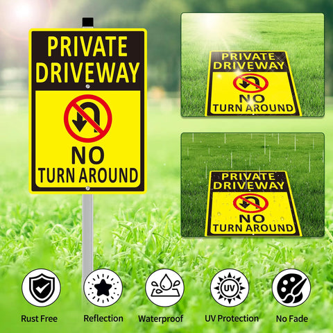 Front view: two-pack No Turn Around private driveway signs, 14x10 inch yellow aluminum with long stakes