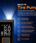 Super Slick 150 Psi Portable Tire Inflator Air Compressor With Digital Gauge Auto Shut Off LED Light showing digital screen and LED flashlight.