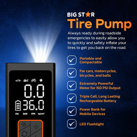 Super Slick 150 Psi Portable Tire Inflator Air Compressor With Digital Gauge Auto Shut Off LED Light showing digital screen and LED flashlight.