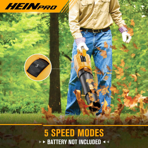Man using Powerful Cordless Leaf Blower For DeWalt 20V Max Battery, 5 speed modes, tool only, blowing leaves in yard