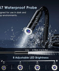 Hardcore 50Ft Endoscope Camera With Light, showing IP67 waterproof probe with adjustable 8 LED brightness and semi-rigid cable.