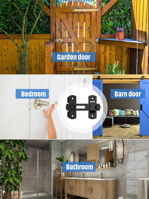Matte Black Stainless Steel Sliding Barn Door Lock Kit With 180 Degree Flip Latches for garden, barn, and bathroom doors.