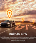 Car driving on a road with GPS icons, promoting Dual 4K Front And 1080P Rear Dash Cam With GPS And WiFi For Your Ride features.