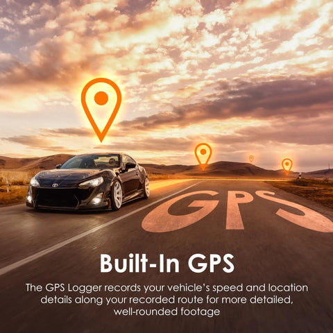 Car driving on a road with GPS icons, promoting Dual 4K Front And 1080P Rear Dash Cam With GPS And WiFi For Your Ride features.