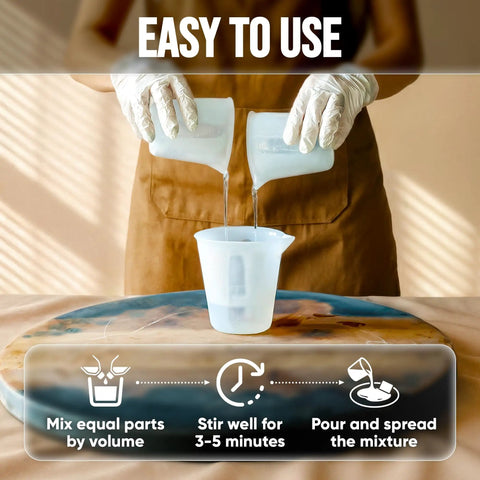 Top Tier Table Top Epoxy Resin Kit For Bars And Counters With Killer UV Resistance And Straight Up Crystal Clear High Gloss Finish For Serious Handmade Creators, ingredients being mixed in clear cups.