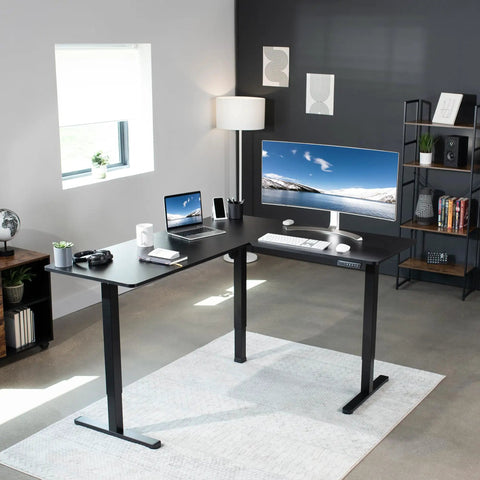 Corner Standing Desk With Electric Height Adjustment 63 X 55 Inch Reversible L Shaped Workstation in home office setting