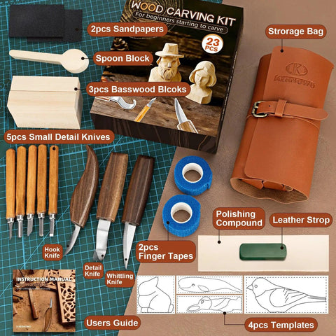 Beginner Wood Carving Kit With 23 Tools In PVC Case That Kickstarts Your Carving Game Includes 3 Whittling Knives 5 Detail Knives
