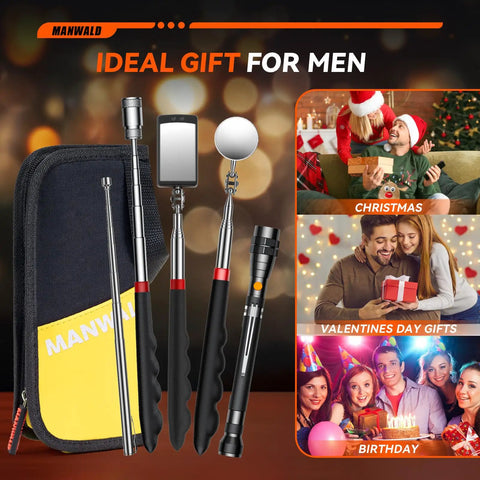 Telescoping Magnetic Pickup Tool Set With Portable Bag Extendable Flashlight And 360 Degree Inspection Mirror for Dads and Makers